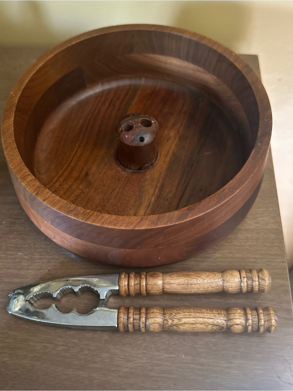 Vintage Wooden Vermillion Walnut Wood Nut Bowl with Nutcracker